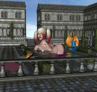 giantess nude long_hair bath red_hair pool ponytails purse mansion digital_render shrubs high_heel_boots air_mattress inflatable_tube