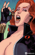 breasts drawing vore color handheld cleavage red_hair open_mouth avengers costume ant-man jumpsuit zipper black_widow vorefan marvel_comics