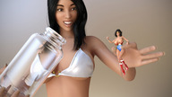 breasts swimsuit handheld angry brunette smiling shrunken_woman wonder_woman leotard glass_jar digital_render lfcfan fists