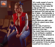 gentle collage blonde large_breasts long_hair clothed cleavage jeans ribbon mini_giantess sitting looking_down date dialogue squeezemeflat theatre letterman_jacket