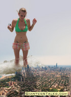 breasts giantess collage city mega blonde swimsuit cleavage water shorts camera looking_down tattoo tsunami giantesstales