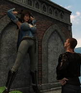 giantess clothed cleavage brunette mini_giantess boots cape belt structure digital_render bodice doublet