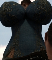 gentle clothed cleavage huge_breasts brunette mini_giantess standing size_comparison belt digital_render bodice