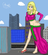 drawing giantess city blonde color destruction blue_eyes barefoot dress foot_crush looking_down vehicles whitestormclouds