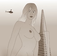 breasts drawing nipples giantess nude city blonde monochrome helicopter skyscraper san_francisco source_needed transamerica_pyramid