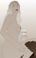 breasts drawing giantess nude blonde monochrome butt buildings squatting source_needed looking_away