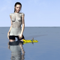 breasts giantess black_hair color long_hair water wet shorts looking_down boats in_water looking_at_tiny digital_render