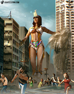 breasts drawing giantess city mega color long_hair destruction rampage cleavage buildings brunette goddess scared sandals navel walking running jewelry giantessfan egyptian_goddess headdress telephone_lines smite isis neith
