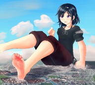 drawing feet giga city color destruction giant toes barefoot soles purple_eyes short_hair sitting steins;gate iodain ruka