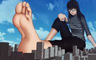 drawing gentle giantess city destruction toes barefoot soles glasses butt_crush brunette brown_eyes smiling sitting on_foot on_toe 2lewd
