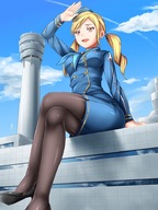 drawing giantess blonde color sitting twintails pigtails nylons game airport flight_attendant でかむす dekamusu