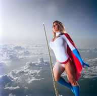 breasts giantess mega large_breasts cleavage gloves flying smoke clouds looking_up athletic sky atmosphere rocket cape belt leotard power_girl dc_comics captain_rand alyssa_loughran