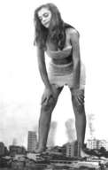 giantess collage city monochrome destruction toes barefoot cleavage brunette belly rubble looking_down smoke thighs edison source_needed bending_forward looking_at_tiny