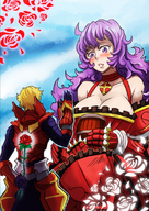 drawing gentle giantess color large_breasts long_hair armor clothed cleavage purple_hair rose glowing looking_at_tiny adventurers proposal barrel