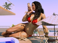 nipples gentle giantess aroused long_hair swimsuit sex handheld barefoot brunette sweat sitting navel pool oral_sex digital_render deck_chairs