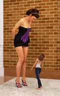 gentle long_hair barefoot high_heels jeans brunette shrunken_woman standing size_comparison top mini_skirt looking_at_tiny digital_render