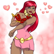 breasts drawing gentle giantess mega color long_hair clothed cleavage giganta red_hair ponytail dress costume earrings looking_at_viewer belt flash dc_comics bare_legs cradled bozerod