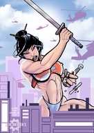 breasts drawing giantess city mega black_hair color swimsuit destruction sword handheld rampage helicopter asian muscles hand_crush katana hair_bun flag_bra jose-ivan-negron