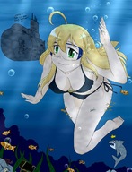 bikini drawing giantess feet shark blonde color large_breasts long_hair swimsuit toes barefoot cleavage water ocean green_eyes underwater submarine waving hank88 fish bare_legs