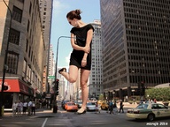 giantess collage city clothed buildings shoes brunette sunglasses standing vehicles onlookers mini_skirt olivia_wilde hair_bun