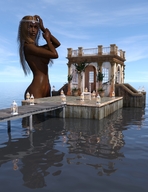 breasts giantess nude blonde long_hair butt water reflection pier wading digital_render headdress