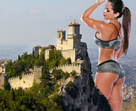 giantess collage mega large_breasts long_hair butt clothed brunette castle ponytail muscles shorts mountains standing flexing sports_bra camouflage captain_rand