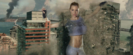 giantess collage city mega large_breasts long_hair destruction clothed buildings brunette gloves ponytail navel belly shorts manicure top debris captain_rand