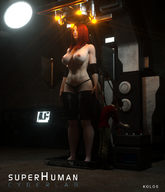 breasts growth nipples long_hair barefoot red_hair mini_giantess thong standing digital_render kolos machine