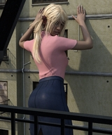 giantess blonde long_hair clothed skirt buildings standing shirt looking_back alley digital_render