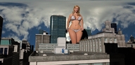 giantess city mega blonde long_hair swimsuit clothed cleavage buildings navel walking digital_render