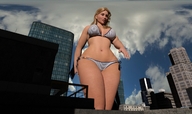giantess city mega blonde long_hair swimsuit cleavage buildings navel walking digital_render
