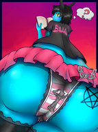 giantess panties horns upskirt black_hair butt skirt butt_crush low_angle yellow_eyes smiling demoness blue_skin unaware chain blu point_of_view smothering book striped_panties reading mspaintgts majin