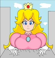 drawing giantess blonde color large_breasts destruction blue_eyes princess_peach buildings princess breast_crush gloves crown nightcore100