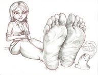 breasts drawing giantess feet mega monochrome toes barefoot cleavage soles bob ginormica short_hair sitting shorts monsters_vs_aliens looking_at_tiny thought_bubble susan_murphy blob