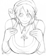 breasts drawing gentle giantess monochrome huge_breasts looking_at_tiny bakugeki_no_g between_breasts
