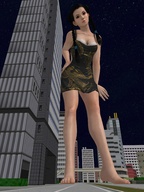 giantess city barefoot cleavage buildings pigtails standing night point_of_view short_dress stars digital_render