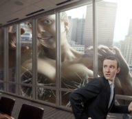 breasts giantess collage nude city blonde long_hair buildings smiling hand running suit windows looking_in conference_room cracked_glass