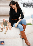 gentle collage long_hair jeans brunette smiling sitting shrunken_man tattoo shirt earrings belt bracelet squeezemeflat high_heel_boots