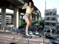 giantess collage bridge barefoot traffic brunette domination navel foot_crush belly shorts streets onlookers shirt