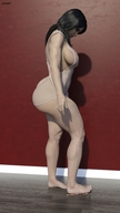 breasts feet black_hair large_breasts long_hair butt barefoot smiling muscles shrunken_man looking_down digital_render