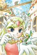 drawing blonde color sword handheld shrunken_man minish_cap shield ezlo town_picori u-rei link_(the_legend_of_zelda) princess_zelda_(the_legend_of_zelda)