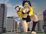 giantess feet city large_breasts toes cleavage bra skirt smiling kneeling uniform shorts looking_down waving braid cheerleader_outfit digital_render juliet_starling cassie_cage laura