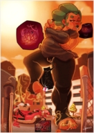 drawing giantess vore color handheld barefoot purple_eyes sweat in_shoe green_hair shrunken_woman trapped tan smelly voluptuous between_fingers stink apeiron-macro