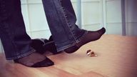 collage nude butt barefoot high_heels jeans lying_down foot_crush nylons shrunken_woman wood_floors