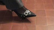 collage high_heels lying_down foot_crush shadow nylons shrunken_man floor pant_suit
