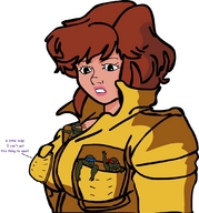 drawing giantess color brunette shrunken_men jumpsuit dialogue in_pocket teenage_mutant_ninja_turtles april_oneil no_background inchhighlilliputian