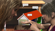 gentle blonde long_hair clothed handheld brunette smiling dollhouse shrunken_man women box pointing dialogue digital_render