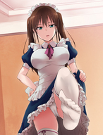 drawing panties feet upskirt color long_hair blue_eyes anime brunette stockings foot_crush hand looking_down ponytails maid_uniform point_of_view