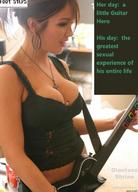 collage cleavage brunette shrunken_man captions guitar foot_steps between_breasts