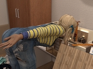 gentle blonde long_hair dollhouse bending_over shrunken_man overalls ponytails ruler sweater ripped_clothing digital_render